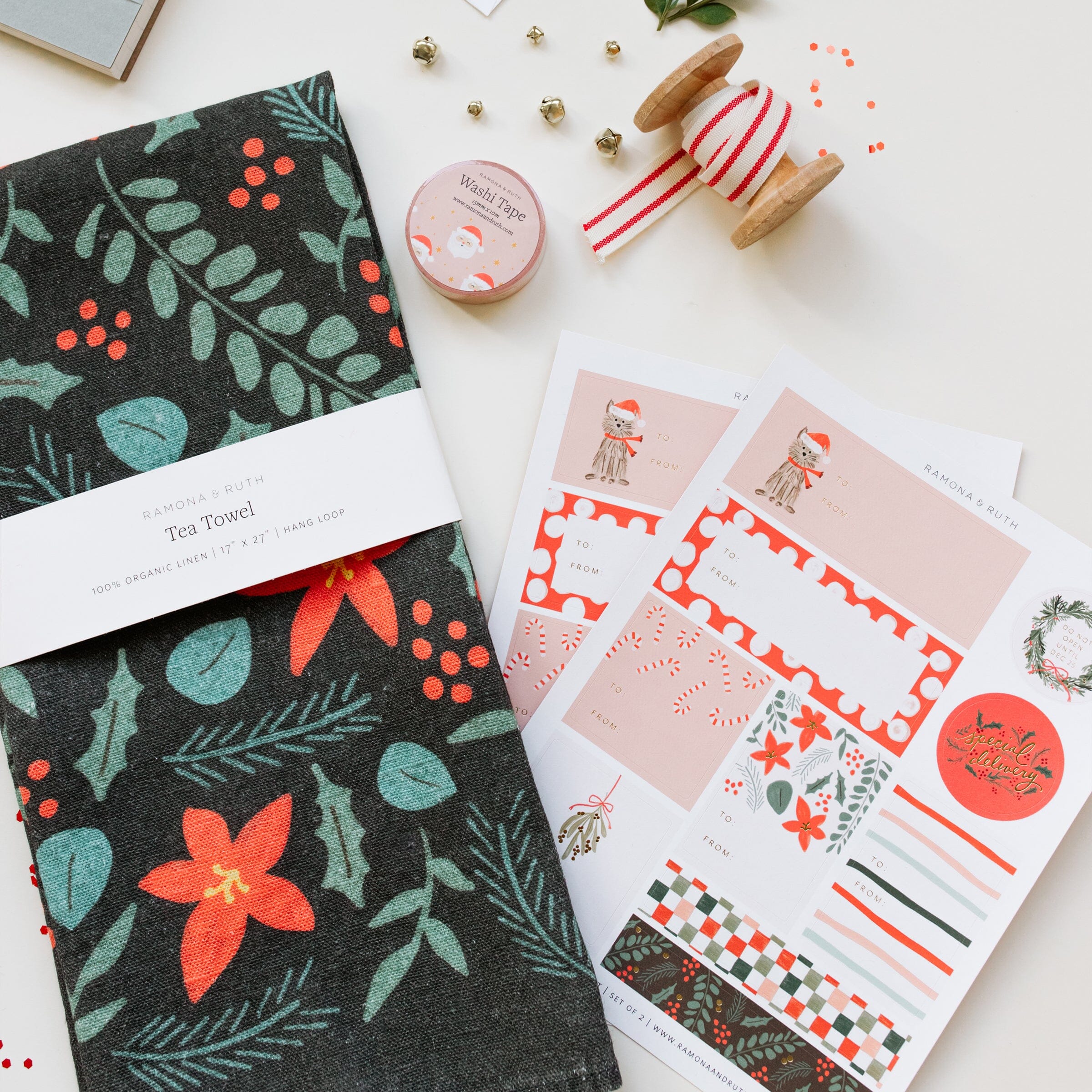 Poinsettia Linen Tea Towel - Ramona & Ruth 