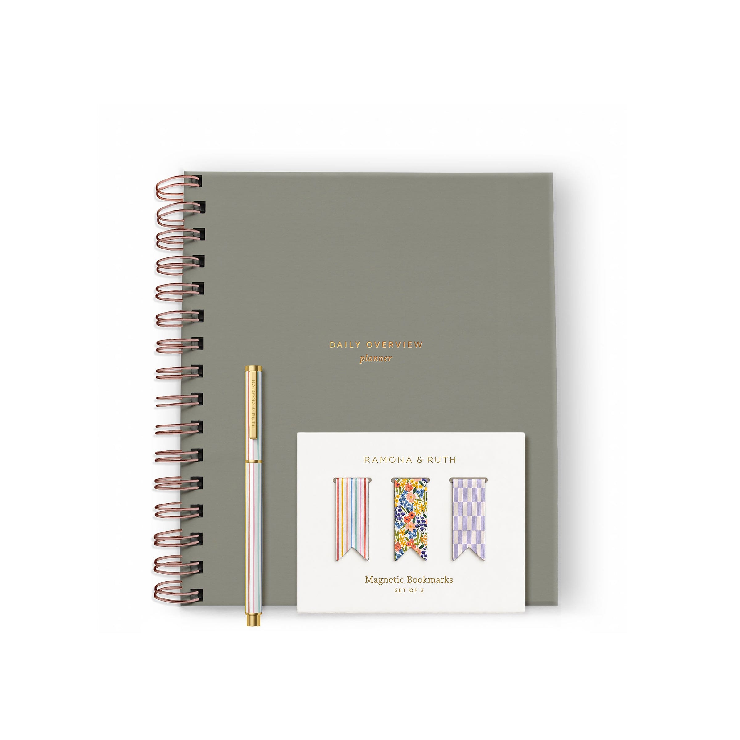 Daily Ritual Set with a Daily Overview Planner, rollerball pen, and magnetic bookmarks